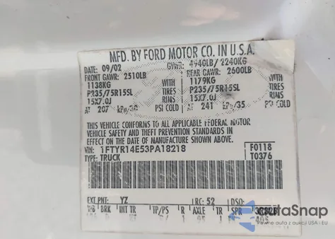 2003 Ford Ranger Edge z USA, uszkodzony, nr VIN 1FTYR14E53PA18218